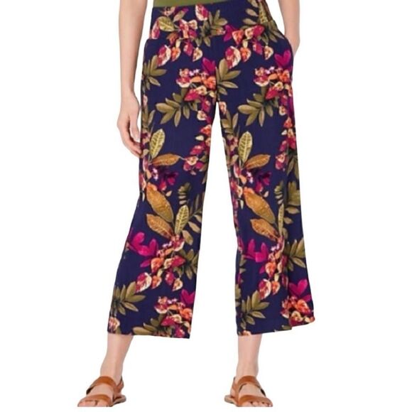J. Jill Wide Leg Crop Pants Smocked Waist Floral Tropical Women Medium Blue Pink - Picture 1 of 9